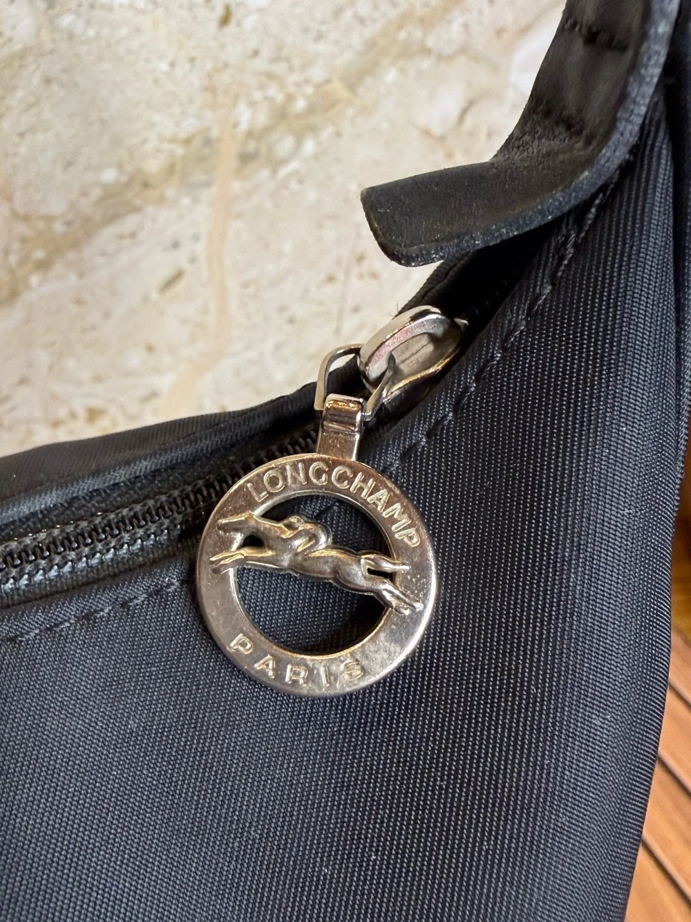 Longchamp Black Nylon Leather Hobo Shoulder Bag Silver Hardware